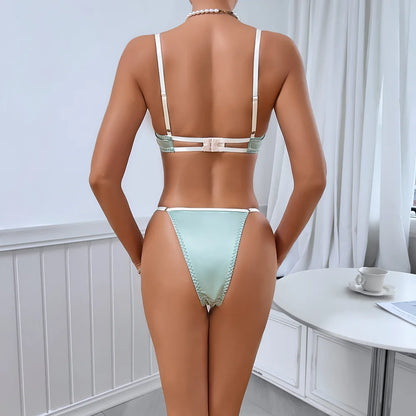 Ensemble Lingerie 2 Pièces Femme – Satin Vert et Dentelle