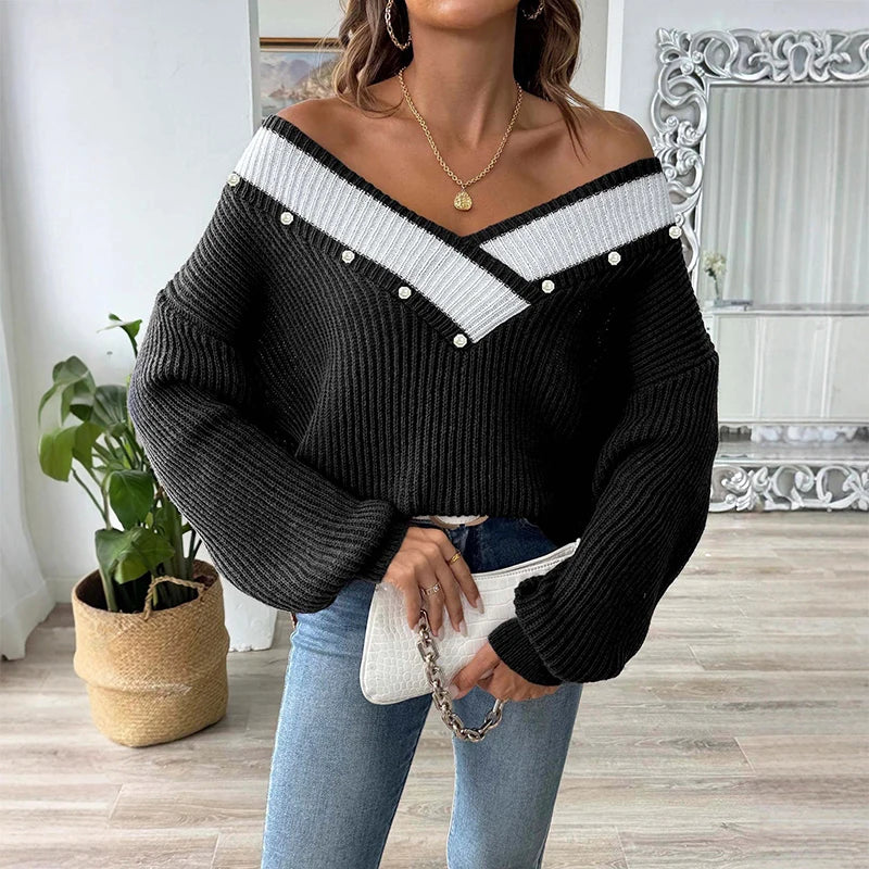 Pull femme oversize en maille col V à boutons perlés