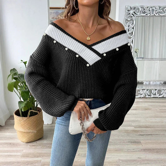Pull femme oversize en maille col V à boutons perlés