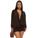 Robe moulante sexy à col en V profond et manches longues pour femmes