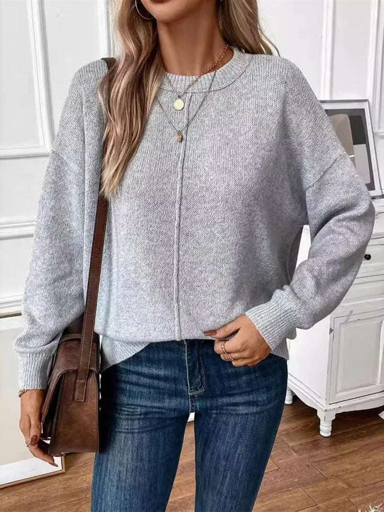 Pull chandails à col rond et manches longues tricoté pour femmes