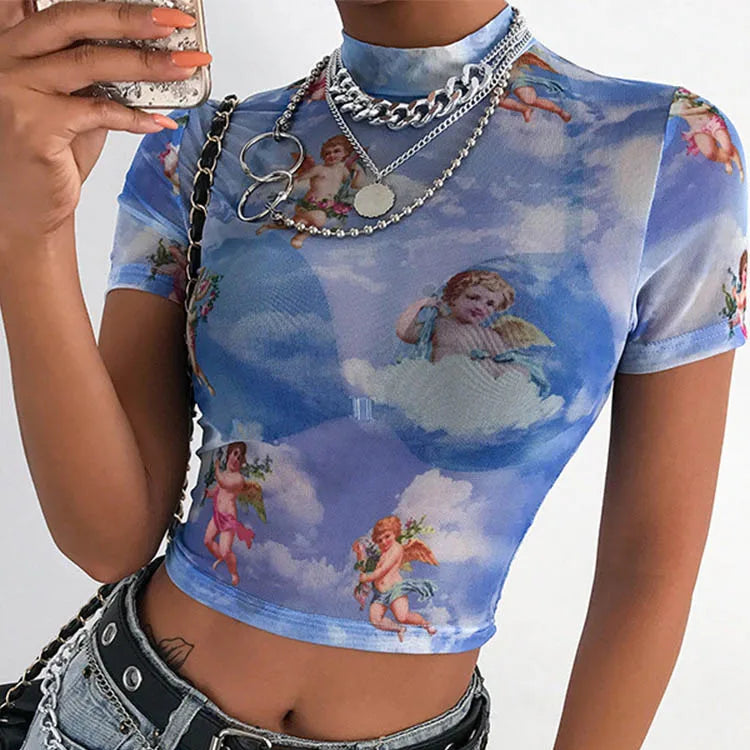 T-shirt manches courtes à col haut femmes