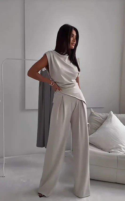Ensemble 2 Pièces Femme – Haut Asymétrique et Pantalon Large