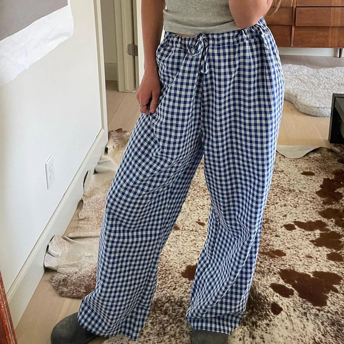Pantalon vintage à carreaux rayés pour femmes