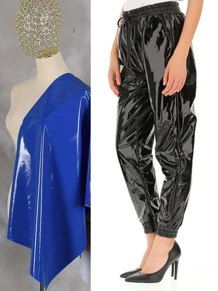 Pantalon Cargo en Similicuir Brillant à Taille Élastique