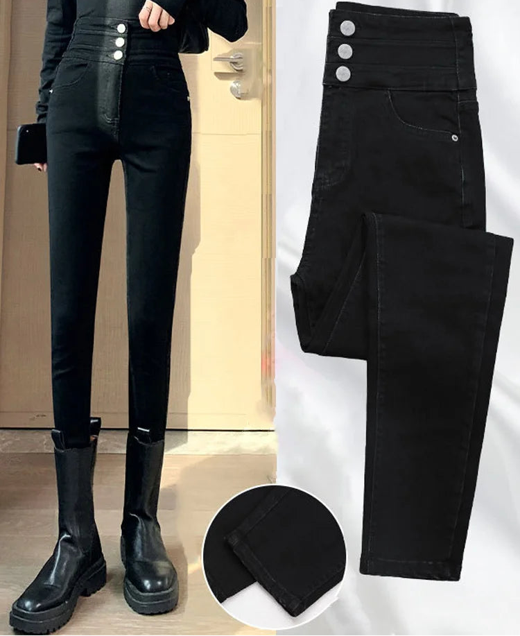 Jean slim taille haute à trois lèvent pour femmes