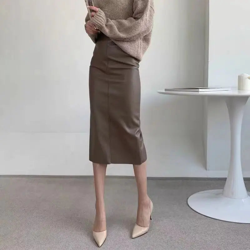 Jupe en cuir marron taille haute mi-longue à jambe droite pour femmes