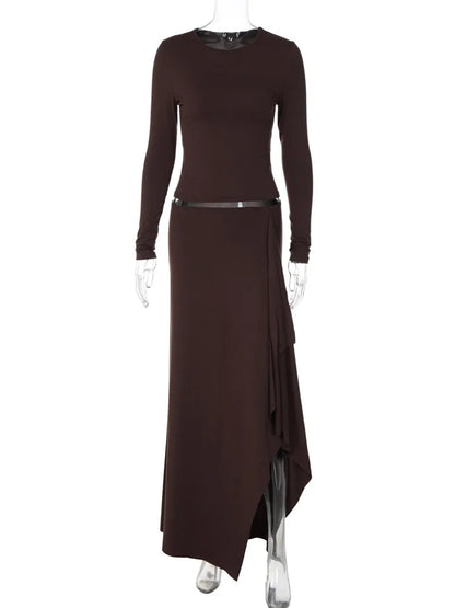 Ensemble Femme 2 Pièces Marron avec Jupe Asymétrique