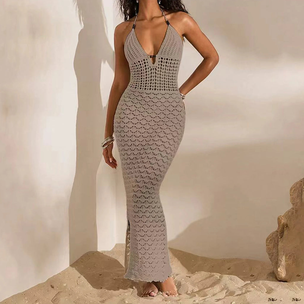 Robe longue moulante en crochet ajouré sans manches à col halter pour femmes