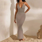Robe longue moulante en crochet ajouré sans manches à col halter pour femmes