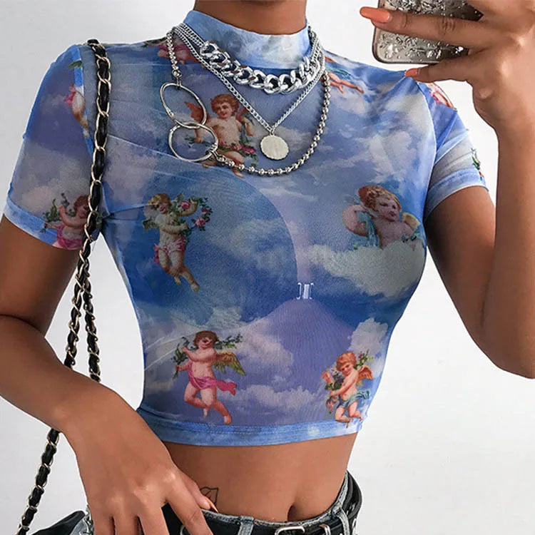T-shirt manches courtes à col haut femmes