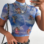 T-shirt manches courtes à col haut femmes