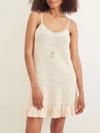 Robe de plage mini sexy en maille crochet à col V et volants pour femmes