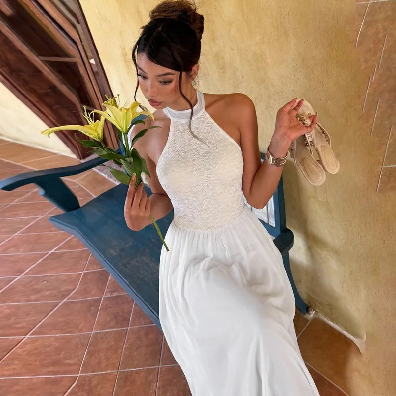 Robe longue blanche dos nu en dentelle pour femmes