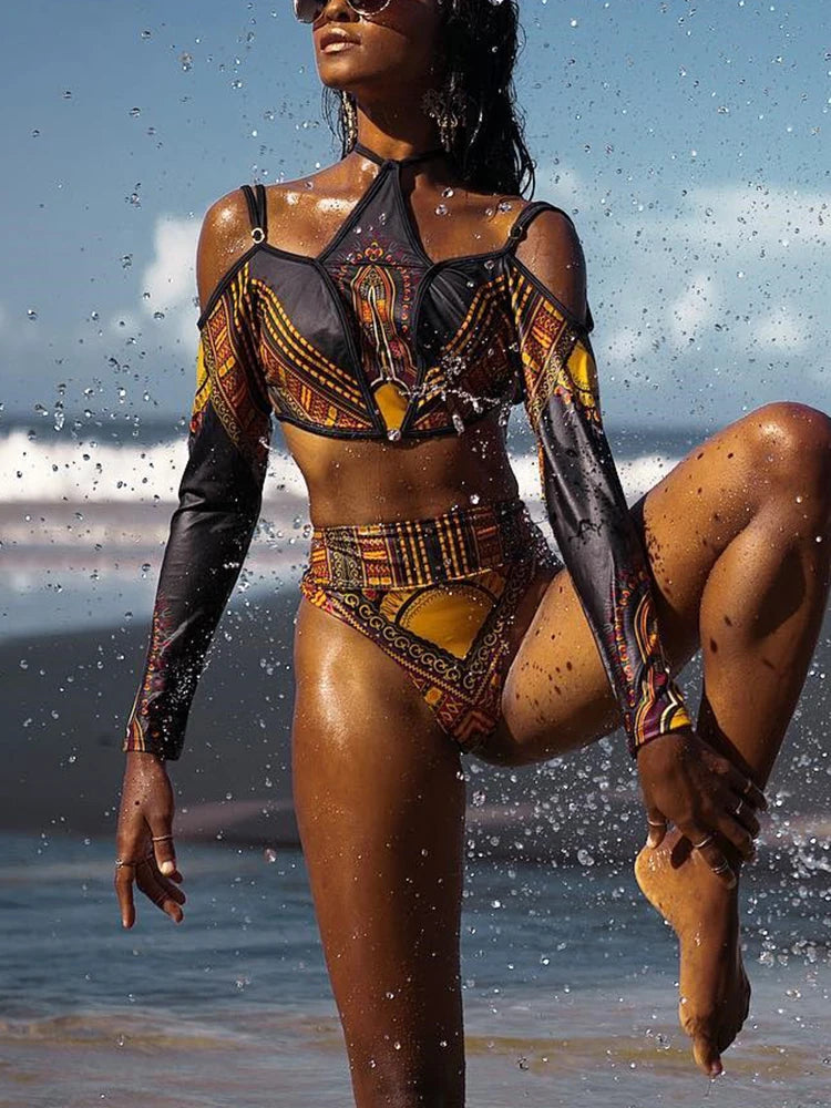 Maillot de bain deux pièces Imprimé africain à manches longues pour femmes