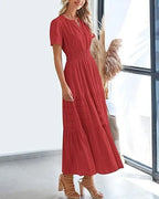Robe longue plissée élégante style français à col en V pour femmes