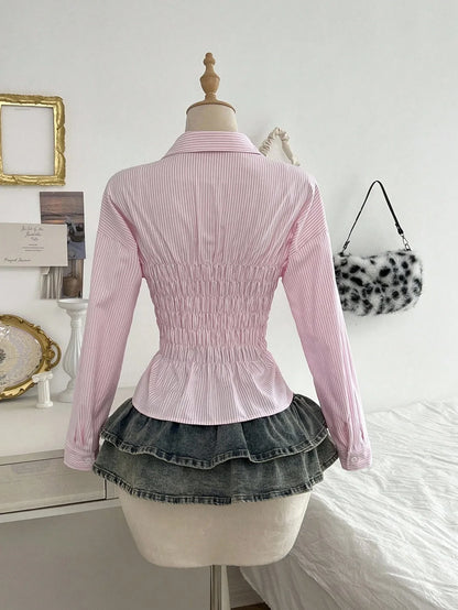 Chemisier Rayé Femme – Taille Froncée et Col Élégant