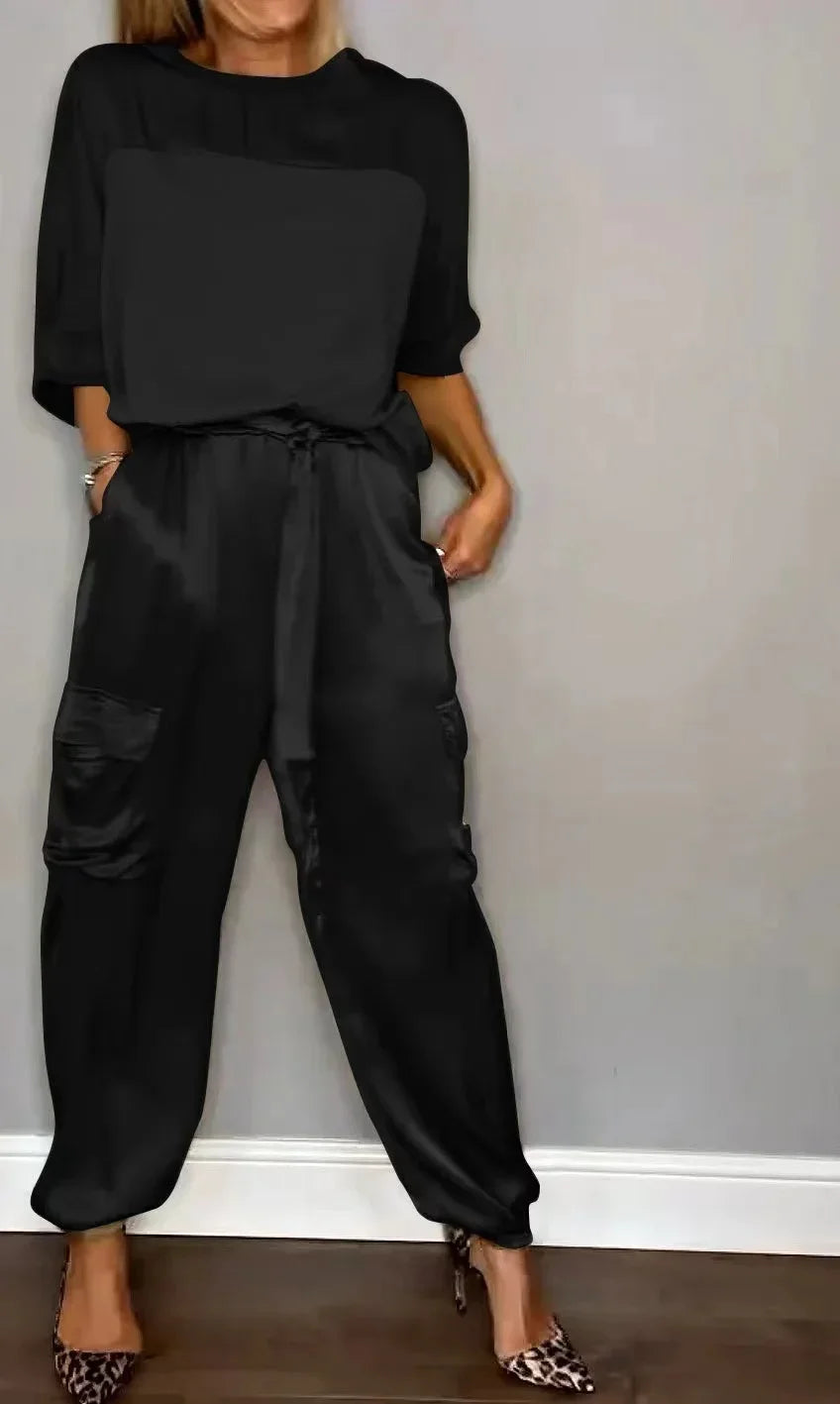 Ensemble deux pièces chemise à manches mi-longues et pantalon décontracté en satin lisse pour femmes