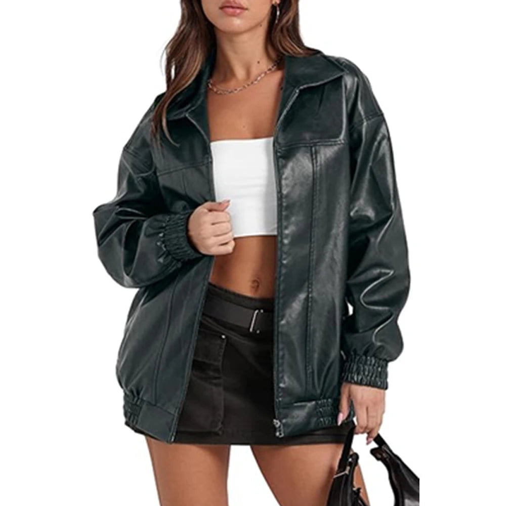 Vestes en Faux cuir Pu à fermeture éclair pour femmes