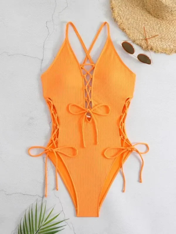 Maillots de bain une pièces col en V profond Push Up pour femmes