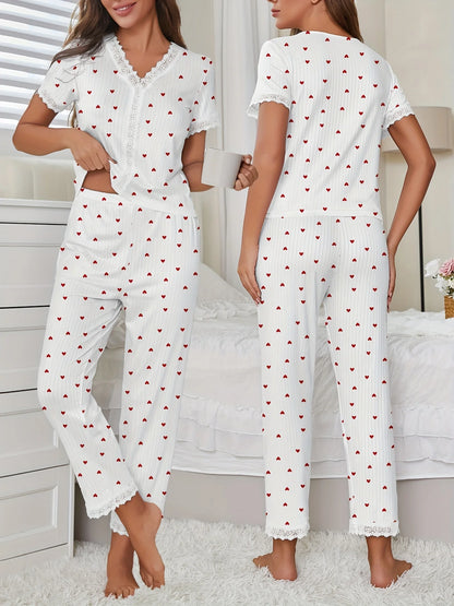 Pyjama Femme – Haut Manches Courtes et Pantalon à Cœurs