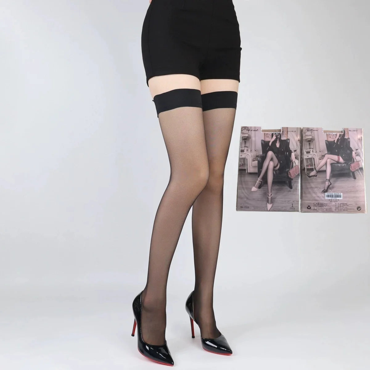 Bas en nylon transparents à bord rouge avec renforts aux orteils contrastants pour femmes