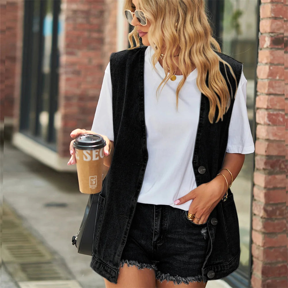 Gilet en jean vintage à grand col en V pour femmes