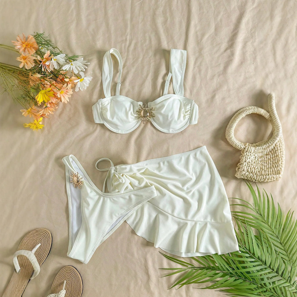 Ensemble de maillot de bain 3 pièces bikini rembourré à bretelles + jupe à volants pour femmes