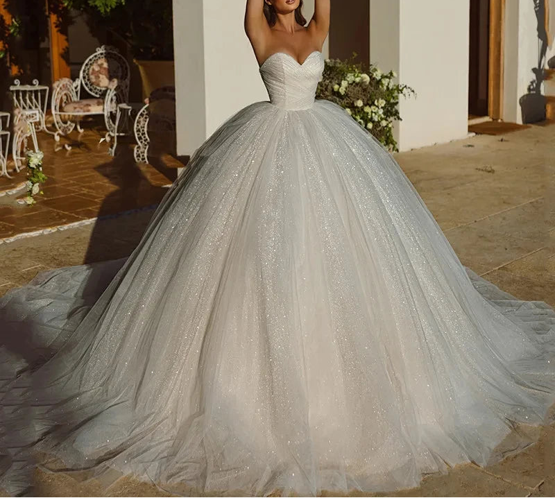 Robe de mariée en tulle scintillant avec boule brillante pour femmes