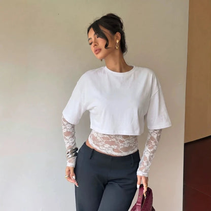 T-shirt Ajusté Femme – Manches Longues et Dentelle