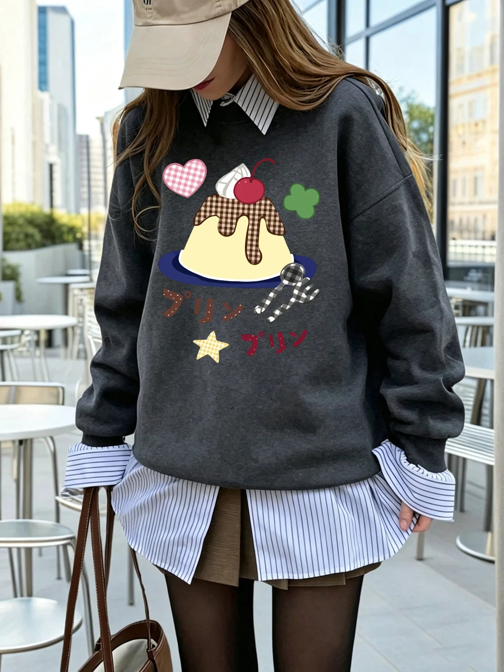 Sweat-shirts à imprimés japonais Caramel Pudding pour femmes