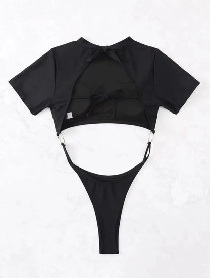 Maillot de Bain 1 Pièce Femme – Push-Up et Manches Courtes