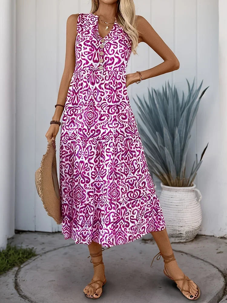 Robe imprimée florale sans manches et col en v pour femmes