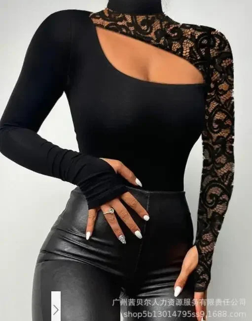 Body en dentelle contrastée à manches longues et épaules dénudées pour femmes