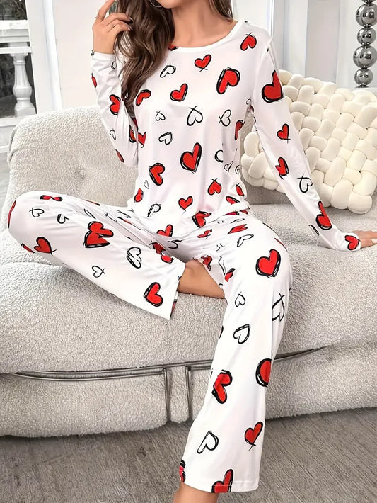 Pyjama à Cœurs Femme – Haut Manches Longues et Pantalon Fluide