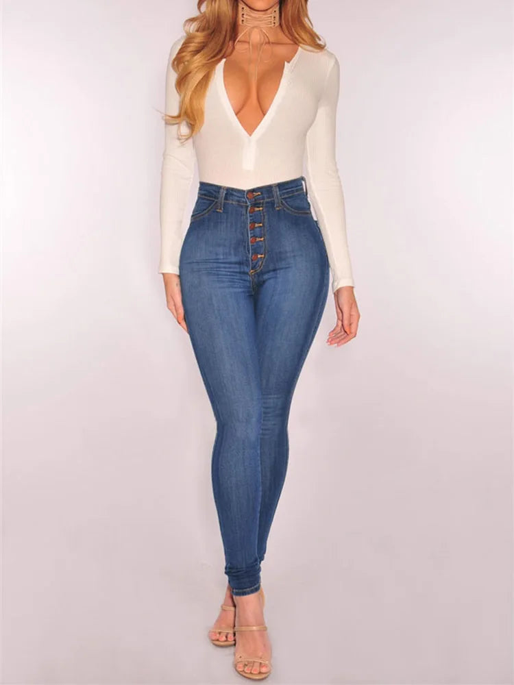 Jean skinny taille haute élastique pour femmes