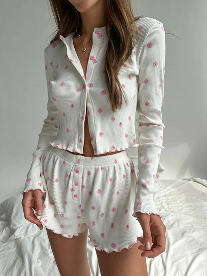 Pyjama Fleuri Femme – Haut Côtelé Manches Longues et Short