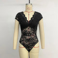 Body col en v profond noir dentelle pour femmes