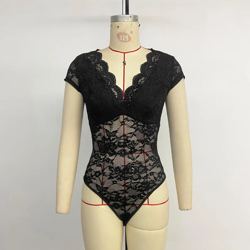 Body col en v profond noir dentelle pour femmes