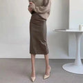 Jupe en cuir marron taille haute mi-longue à jambe droite pour femmes