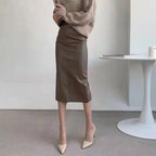 Jupe en cuir marron taille haute mi-longue à jambe droite pour femmes