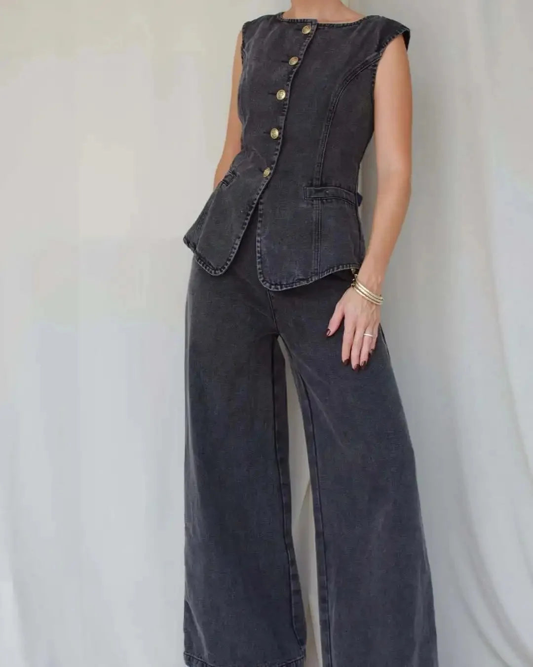 Ensemble gilet et pantalon en jean taille haute amincissant pour femmes