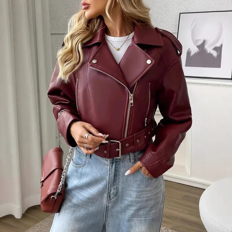 Veste courte en cuir PU pour femmes