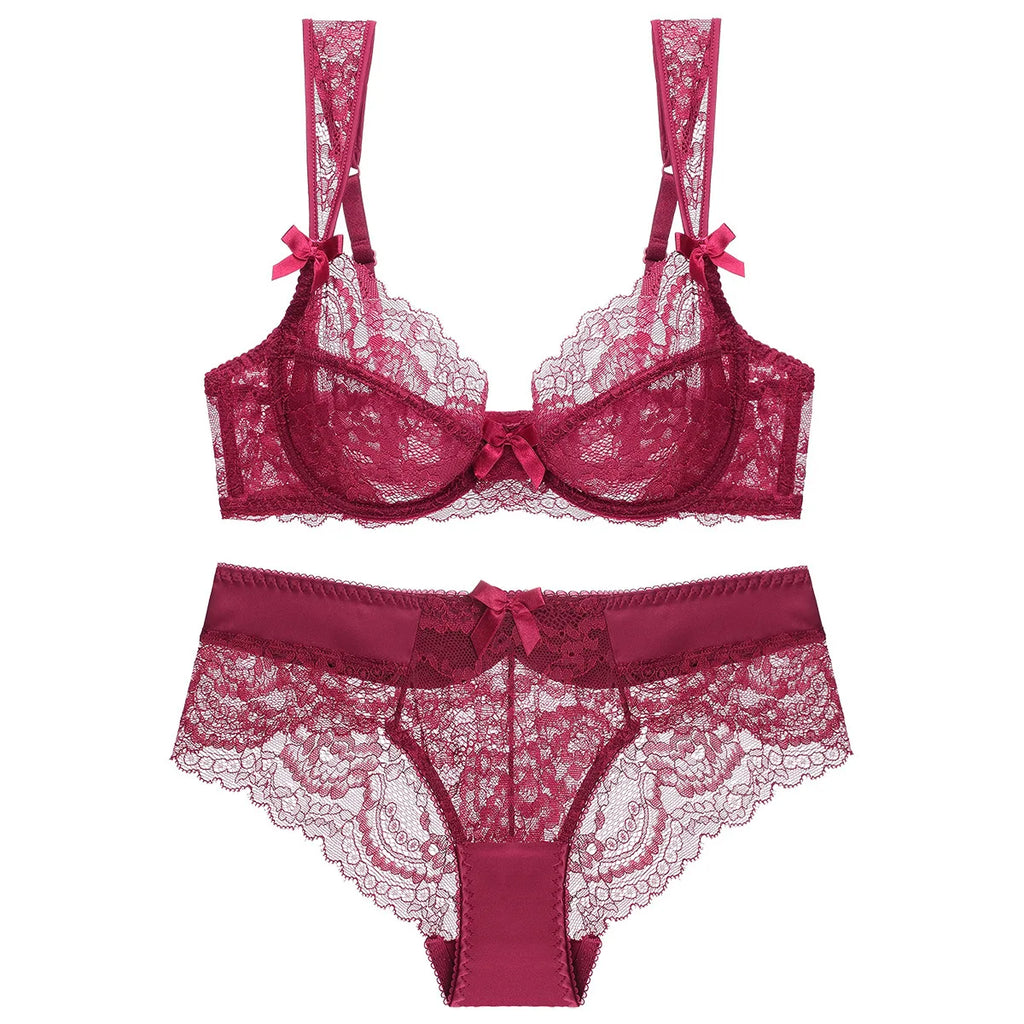 Ensemble de soutien-gorge en dentelle brodée Ultra fin et culotte pour femmes