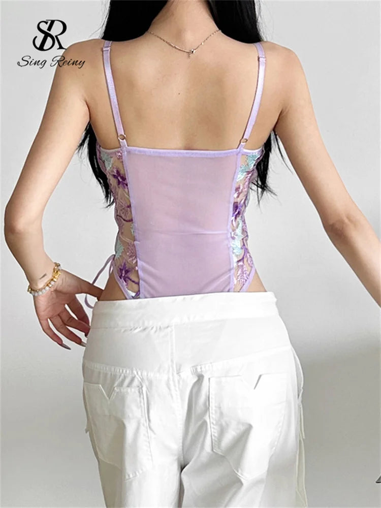 Body moulante à broderies col V et dos nu  pour femmes