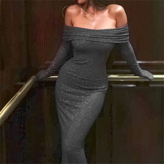 Robe longue femme plissée à paillettes et manches évasées