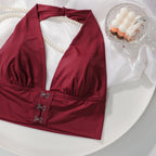 Soutien-gorge sexy rouge à boutons sur le devant sans anneau en acier pour femmes