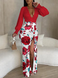 Robe longue imprimée à col en v pour femmes