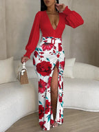 Robe longue imprimée à col en v pour femmes