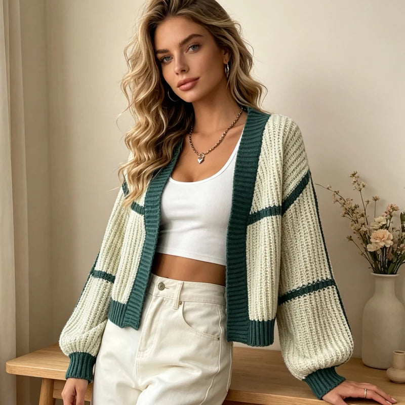 Cardigan Court Femme – Col V et Blocs de Couleurs